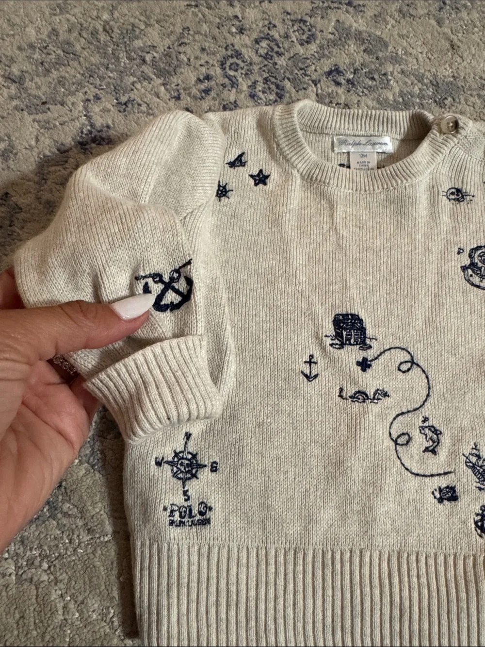 Ralph Lauren 12 months Cream Knit Sweater with Nautical Embroidery- worn 1 time